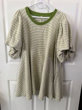 Worn Once Free People Striped Sage and Olive Puff-Sleeve Tunic / Hudson Pullover